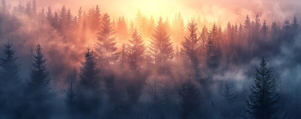 First light of dawn over a misty forest, 4K hyperrealistic photo