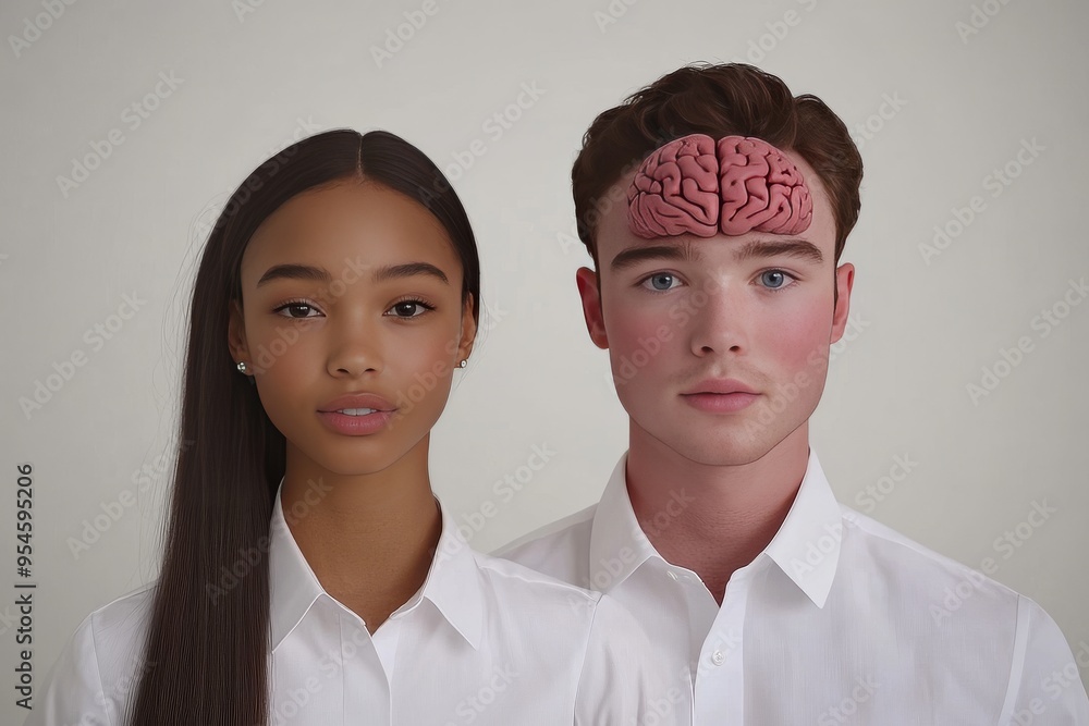 Poster cognitive training heartwarming portrait of a young couple with visible brain patterns symbolizing t
