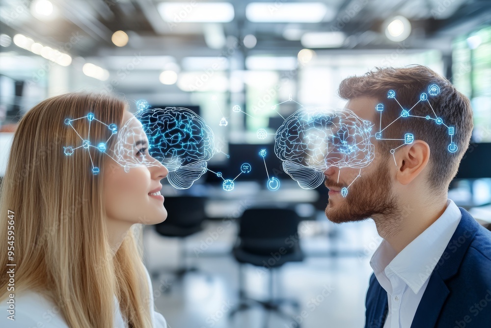 Poster thought dynamic heartwarming professional discussion between a man and woman with visible brain acti