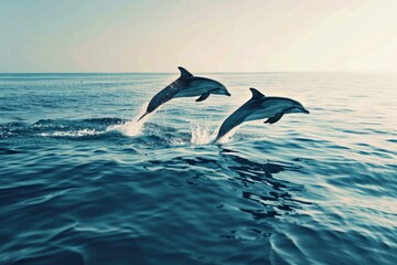 Naklejka premium Two dolphins leap gracefully above the ocean surface at sunset. The tranquil waters reflect their beauty and freedom. A serene moment in nature. Generative AI