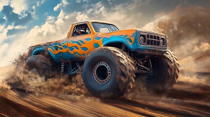 A monster truck with blue and orange flames painted on the side is driving on a dirt track and kicking up a cloud of dust.