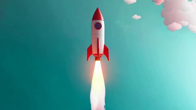 A colorful rocket launches into the sky, surrounded by fluffy clouds against a bright blue backdrop during an imaginative space adventure