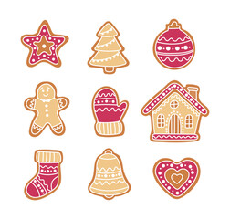 Set of Homemade Christmas cookies, gingerbread with sugar icing. Star, fir trees, Christmas tree toy, gingerbread man, glove, gingerbread house, sock, bell, heart. Set of vector illustrations.
