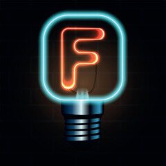 Glowing Neon Letter F in Lightbulb Design Illustration
