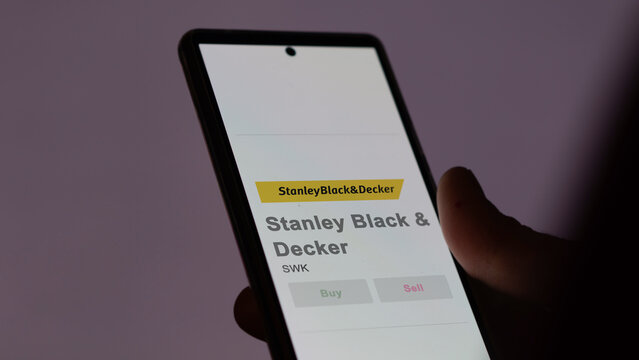 April 09th 2024 , New Britain, Connecticut. Close up on logo of Stanley Black & Decker on the screen of an exchange. Stanley Black & Decker price stocks, $SWK on a device.