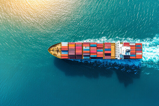 A cargo ship sailing on the water, viewed from above, import and export logistics cargo shipping transportation of goods by container ship on the open sea, cargo ship