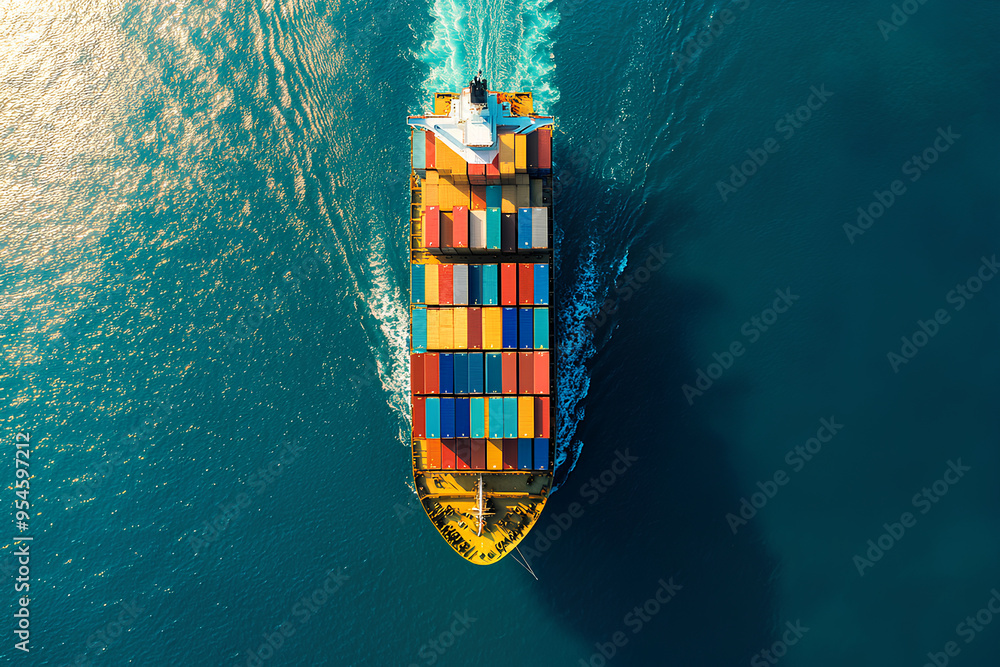 Wall mural a cargo ship sailing on the water, viewed from above, import and export logistics cargo shipping tra