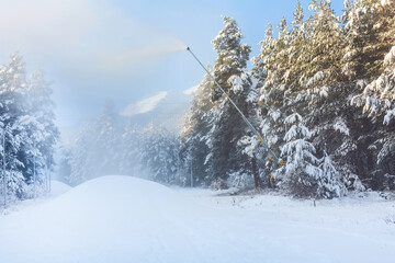 Bansko, Bulgaria resort panorama with snow cannon