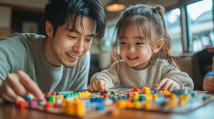 Fototapeta premium father and daughter playing with construction set. Asian man and Asian child girl playing with bright construction set.