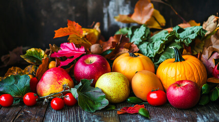 composition with autumn vegetables and fruits lying. Tomato, grapes, broccoli, pomegranate, orange, zucchini, pumpkin pear, apple, onion, cucumber, greens. Healthy food. Diet