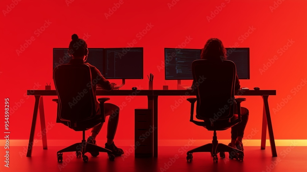 Poster two programmers working intensely at their desks in a dimly lit room with red ambient lighting durin