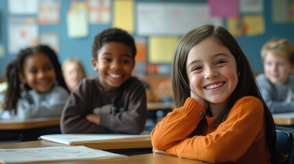 Happy Children in a Multi Ethnic Elementary Classroom