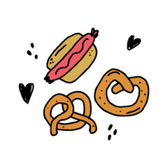 Bavarian pretzels and hotdog. Hand drawn doodle vector art style clip art. Naive childish art illustration