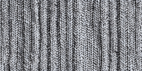 Seamless mottled light grey wool knit fabric background texture. Tileable monochrome greyscale knitted sweater, scarf or cozy winter socks pattern. Realistic woolen crochet textile craft 3D rendering.