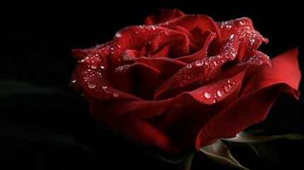 Naklejka premium Close-up of a red rose with dewdrops accentuating its delicate petals against a dark background.