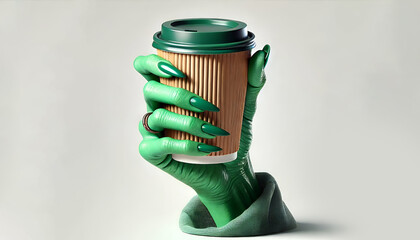 halloween paper cup of coffee holded by fancy green witch hand