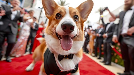 Adorable Corgi Strutting Down Red Carpet in Tuxedo