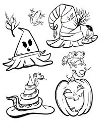 Set hand drawn illustration of a line Halloween hats. Black and white. Hand draw illustration for sublimation t-shirt, pillow, mug.  