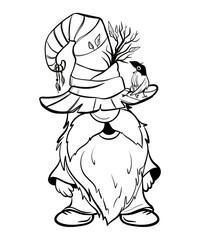 Halloween gnome at funny hat. Hand draw illustration for sublimation t-shirt, pillow, mug. line art illustration, black and white sketch. Print for poster, postcard, notebooks, color book for kids