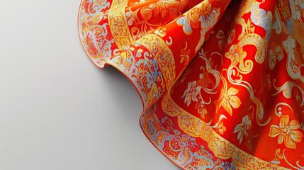A vibrant red fabric with intricate floral patterns and decorative borders.