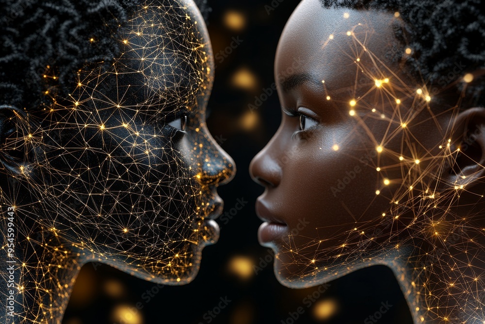 Poster evaluative brain connectivity close up of two women with neural connections glowing in their faces r