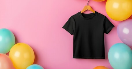 Black kids' T-shirt on a hanger with colorful balloons in the background, Kids T-Shirt Mockup, Festive and lively setting