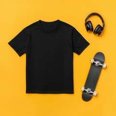 Black kids' T-shirt with headphones and a skateboard nearby, Kids T-Shirt Mockup, Cool and youthful vibe