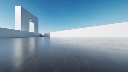 Obraz premium 3d render of abstract modern architecture with empty concrete floor, minimal white exterior, car presentation background