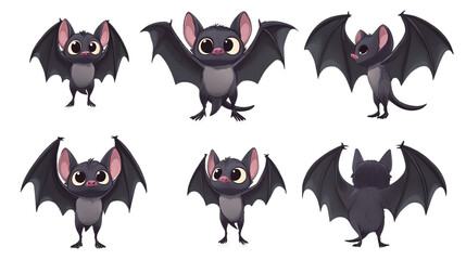 Black cartoon bat with spread wings, back view, side view, no background. transparent background