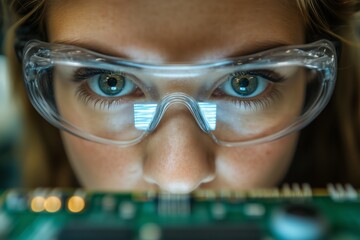 Close-up of a young engineer intensely focused on a circuit board, wearing protective eyewear with a digital data overlay reflected on the lenses.