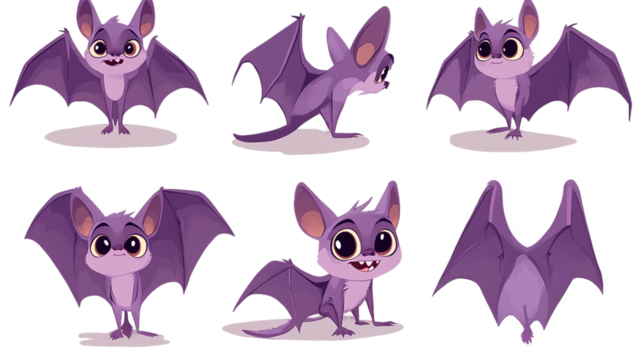 Purple cartoon bat with open wings, back view, side view, no background. transparent background