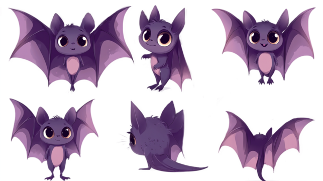 Purple cartoon bat with open wings, back view, side view, no background. transparent background