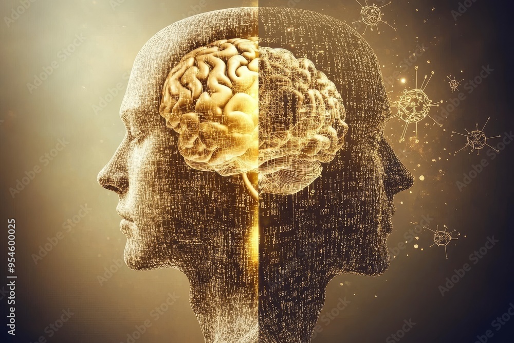 Poster systematic brain connectivity profile of a woman with half her face dissolving into digital code sym
