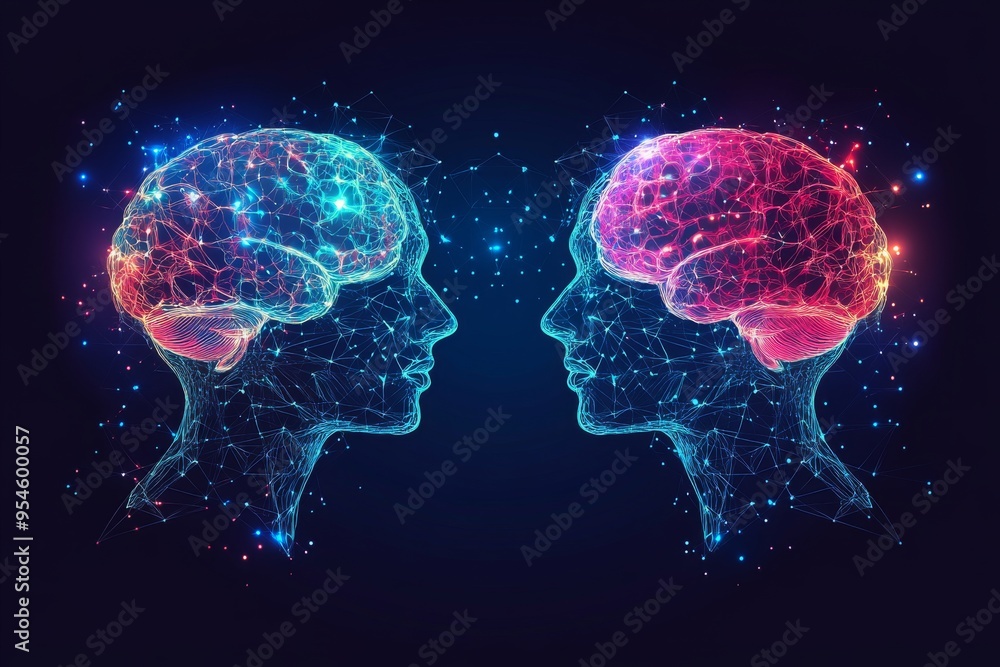 Poster calculative brain connectivity abstract neon depiction of two faces composed of digital patterns sym