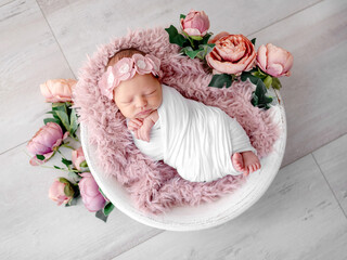 Newborn Sleeps In Basket During Photo Session, Studio Photo Of Newborn Baby Girl