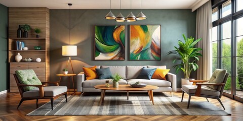Sleek and modern room interior boasts trendy furniture pieces, abstract art in muted tones, and clever lighting design