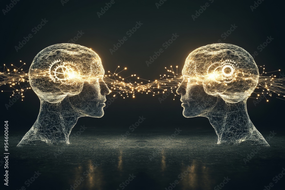 Aufkleber plastic brain connectivity artistic rendering of two brains connected by glowing tendrils symbolizin