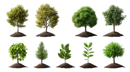 Fototapeta premium A collection of diverse trees showcasing various shapes and colors, ideal for nature-themed projects and design concepts.