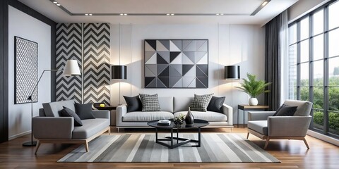 Sleek black and white furniture, artwork, and geometric patterns harmonize in a sophisticated living room, exuding