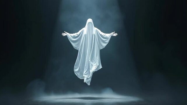 Mysterious figure in white hovers in dimly lit space with unearthly atmosphere, levitating horror ghost