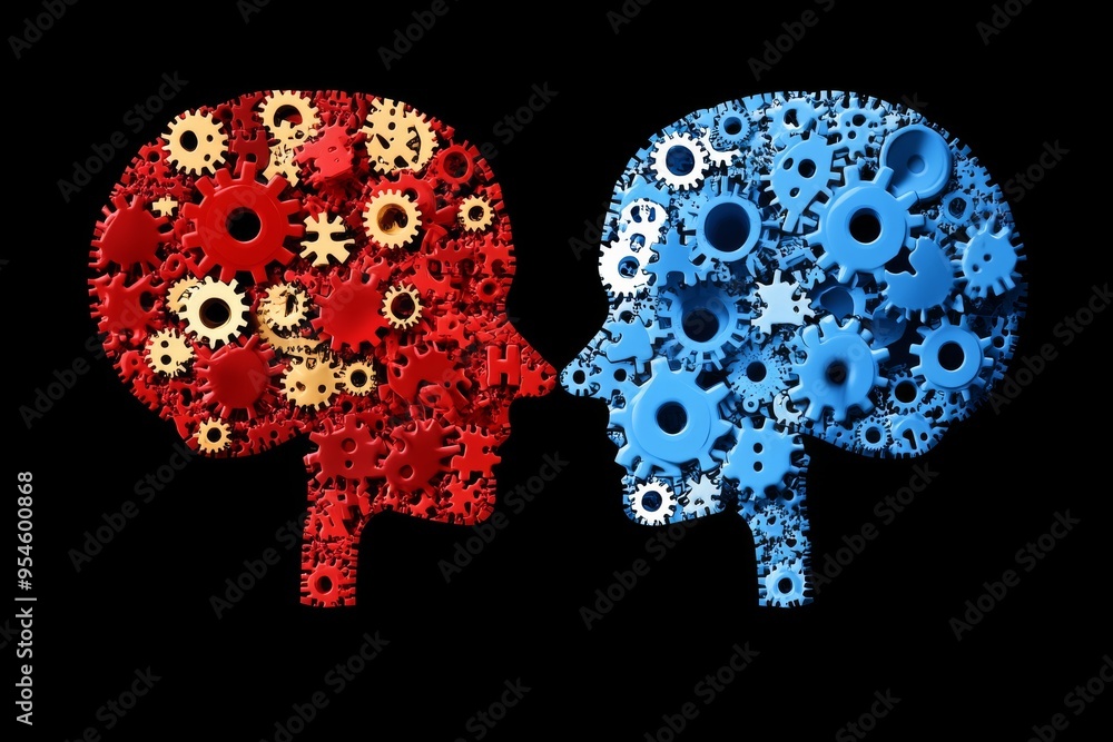 Aufkleber tech brain connectivity stylized gears and cogs forming human heads representing the mechanical natu