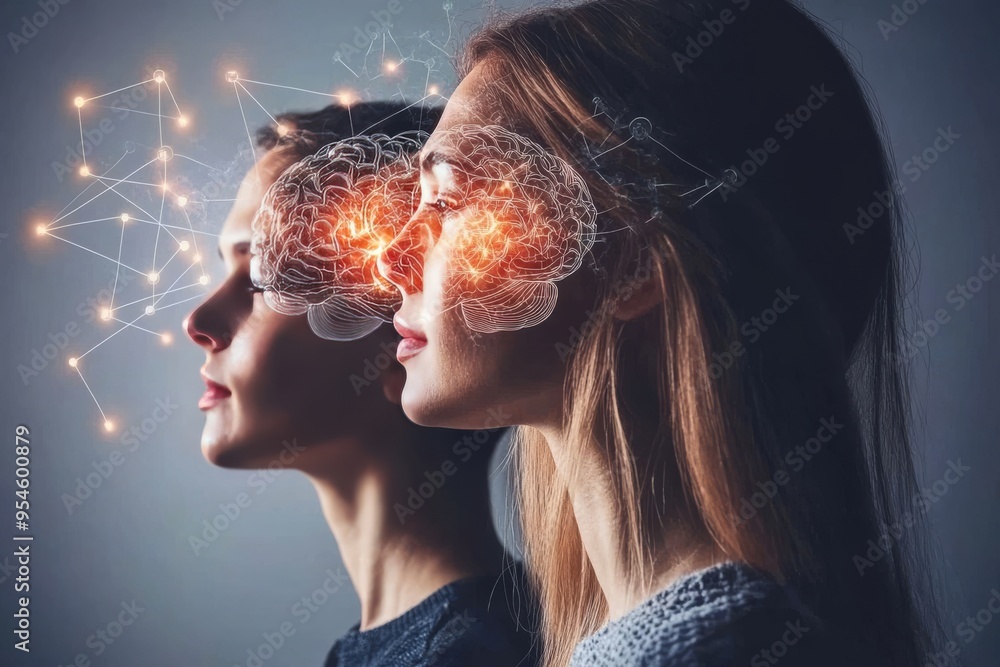 Poster dynamic brain connectivity man and woman with glowing neural connections symbolizing intellectual sy