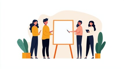 Diverse team working on a whiteboard, brainstorming session, flat design illustration