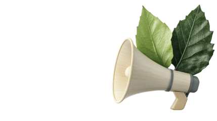 A styled megaphone with green leaves symbolizes eco-friendly communication and environmental awareness.