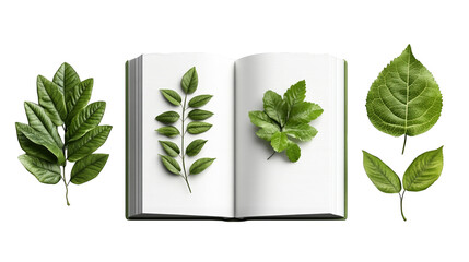 An open book surrounded by various green leaves, symbolizing nature, knowledge, and botanical themes.