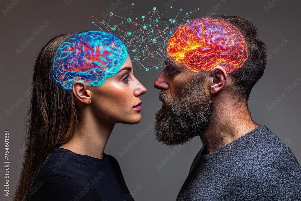 Poster fluent neural synchronization artistic depiction of a man and woman with colorful brain illustration