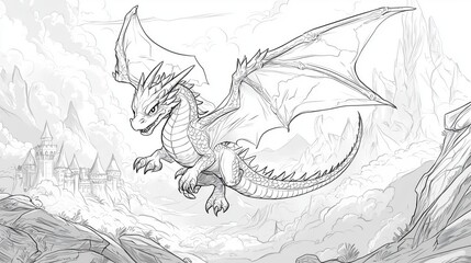Coloring page, Majestic dragon soaring through the sky, overlooking a distant fantasy castle and mountainous landscape, in a detailed illustration.