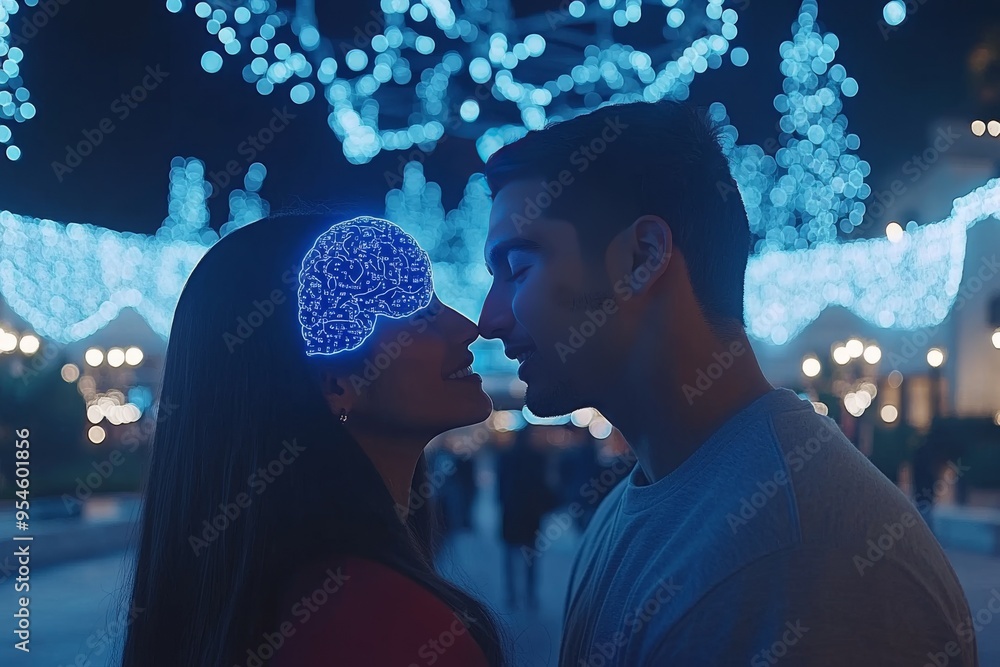 Poster expressive neural synchronization couple gazing at each other with illuminated brains in a festive u