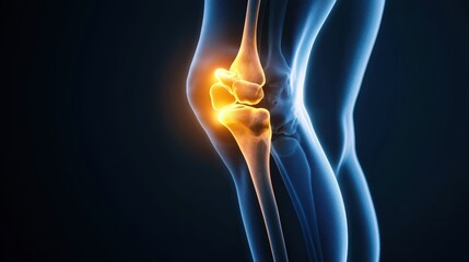 An X-ray blue of a Thigh with the Thigh and pelvic floor joint and knee highlighted in red