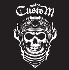 vintage monochrome illustration of a skull head with a motorcycle helmet